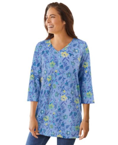 Woman Within Women's Within Perfect Printed Three-Quarter-Sleeve V-Neck Tunic