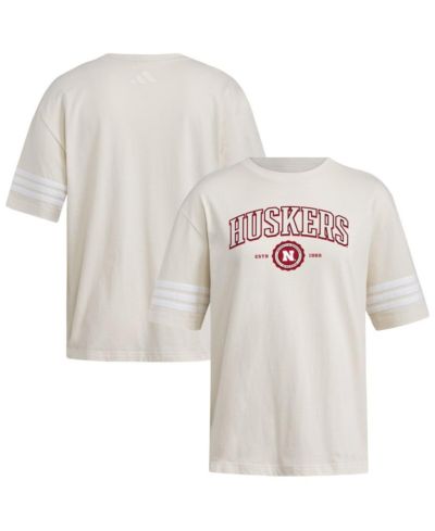 Adidas Women's Cream Nebraska Huskers Fashion Three-Stripes Oversized T-Shirt