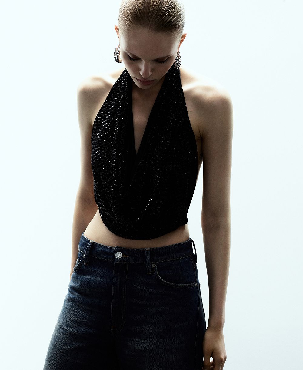Mango Women's Draped Crystal Neckline Top