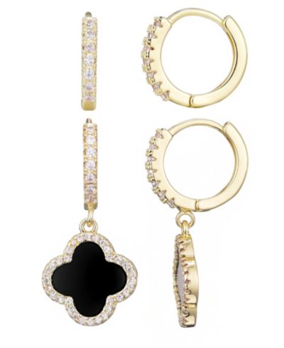 ADORNIA Gold Plated Cubic Zirconia Halo Black Clover Huggie Earring Set