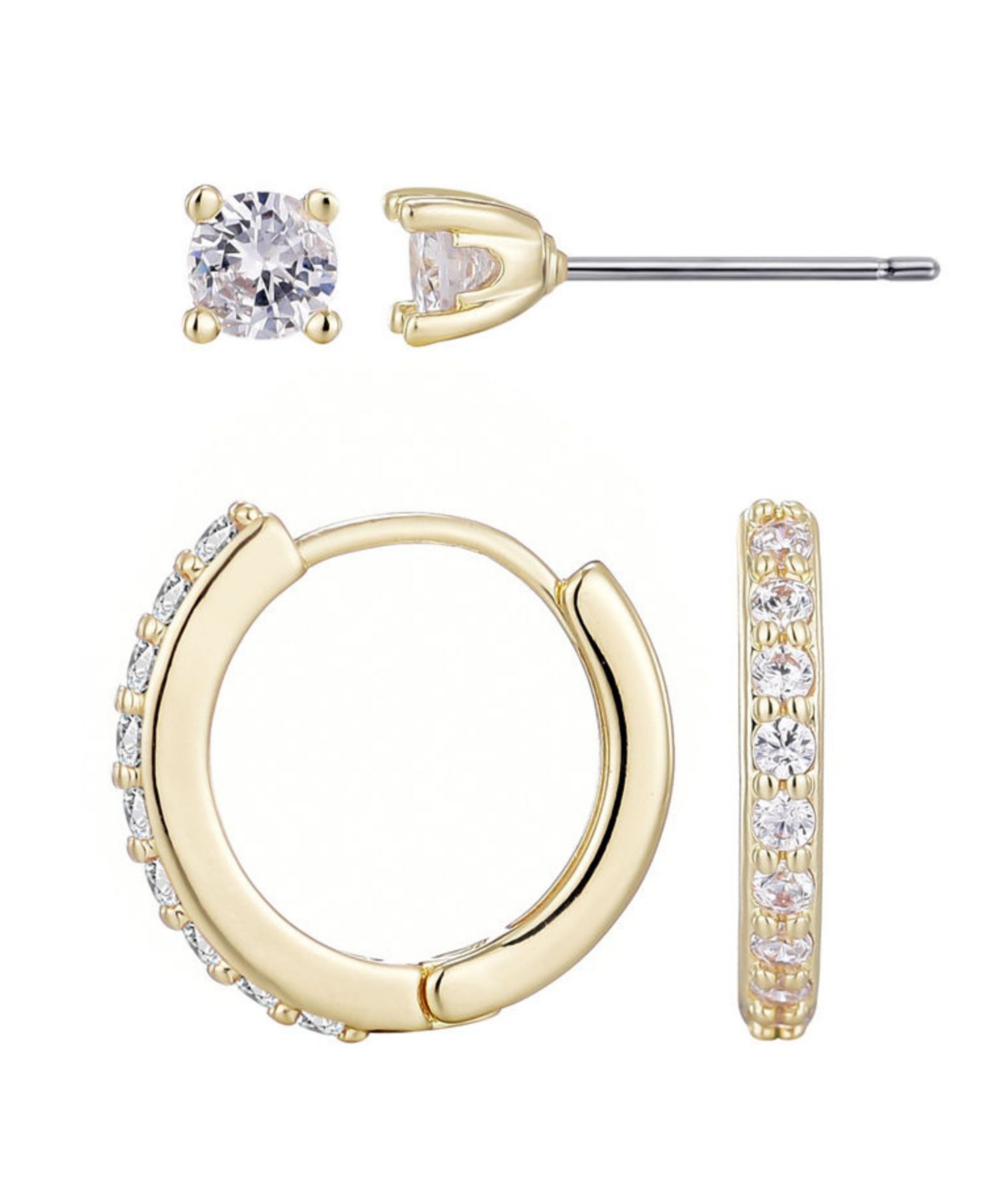 ADORNIA Набор серег Huggie и Solitaire с напылением 14k gold и кубическим цирконием