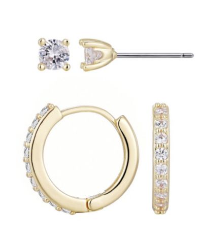 ADORNIA Набор серег Huggie и Solitaire с напылением 14k gold и кубическим цирконием
