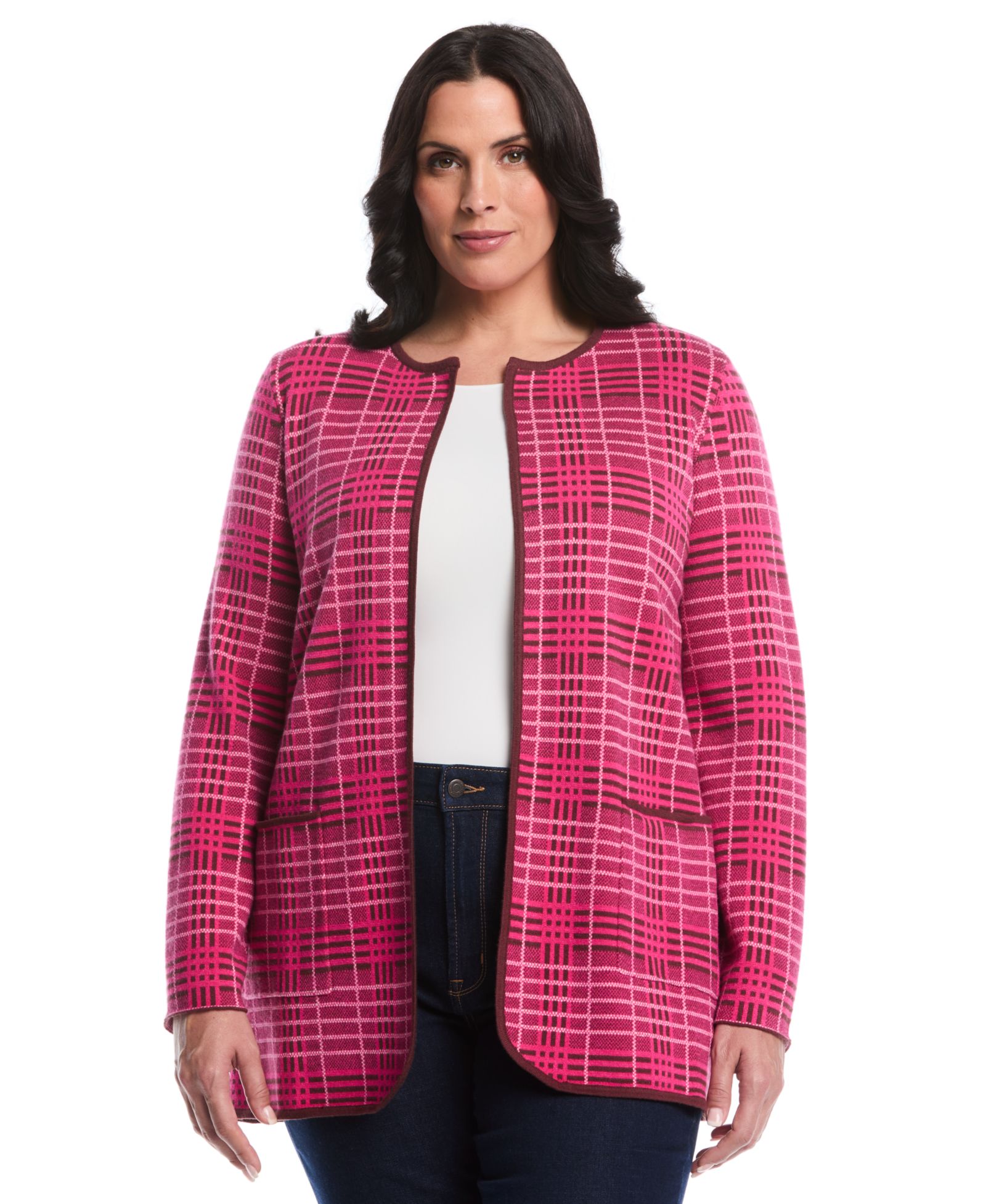 Rafaella Plus Size Crosshatch Patch Pocket Open Long Sleeve Cardigan Sweater