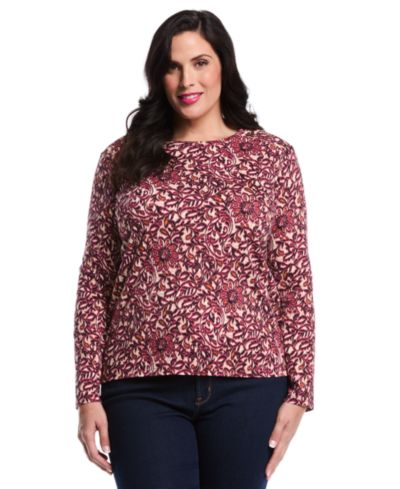 Rafaella Plus Size Elegant Print Laced Crew Neck Long Sleeve Top