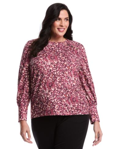 Топ Rafaella Plus Size Paisley Print Puff Long Sleeve Crew Neck