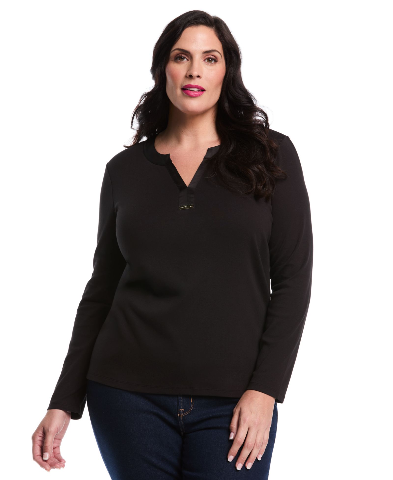 Rafaella Plus Size Woven Trim Split V-Neck Long Sleeve Top