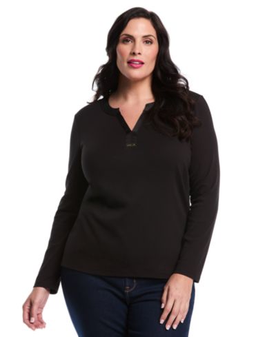 Верх Rafaella Plus Size Woven Trim Split V-Neck Long Sleeve