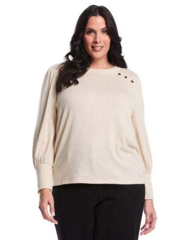 Rafaella Plus Size Metallic Puff Long Sleeve Crew Neck Top