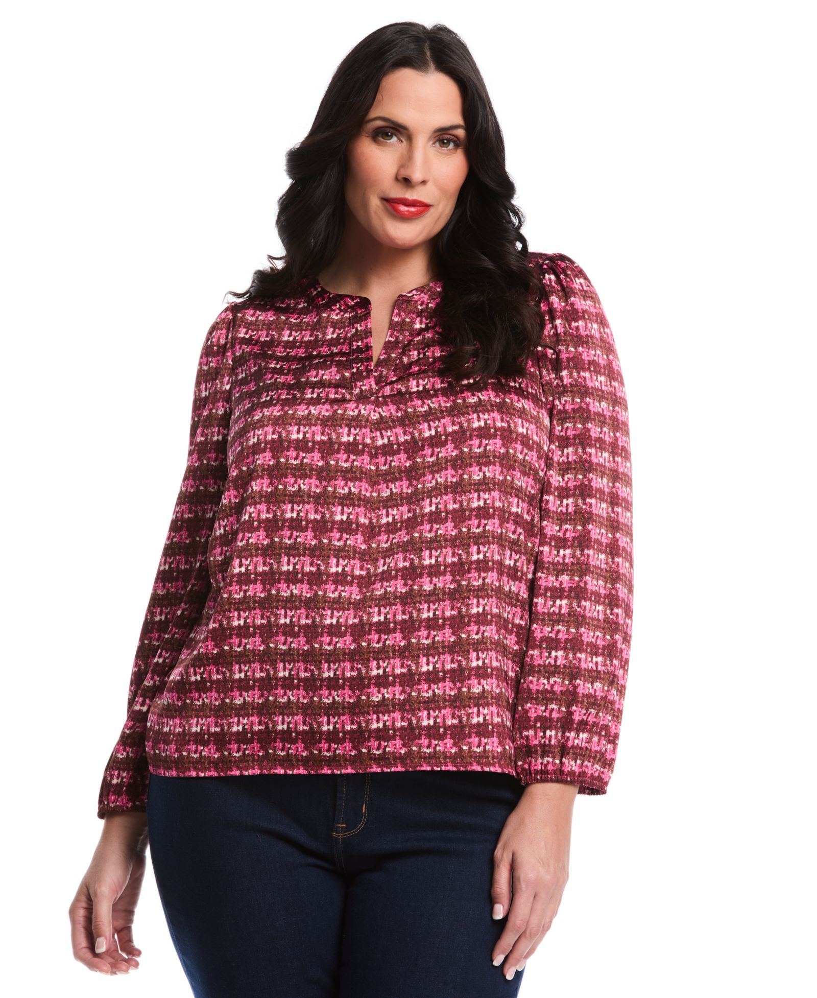 Rafaella Plus Size Crosshatch Print Split Neck Long Sleeve Popover Top