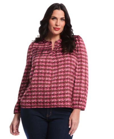 Rafaella Plus Size Crosshatch Print Split Neck Long Sleeve Popover Top