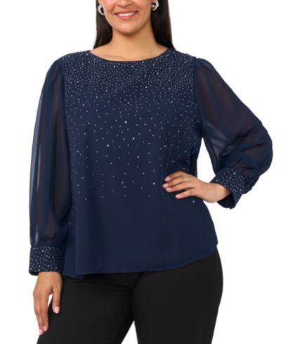 MSK Женский топ Plus Size с отделкой стразами и рукавами-баллонами