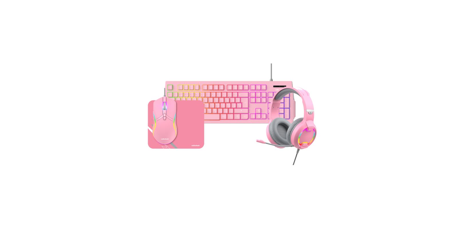 RadioShack игровой набор RadioShack Mistic: клавиатура, мышь, наушники, RGB подсветка, эргономичный дизайн, розовый, USB