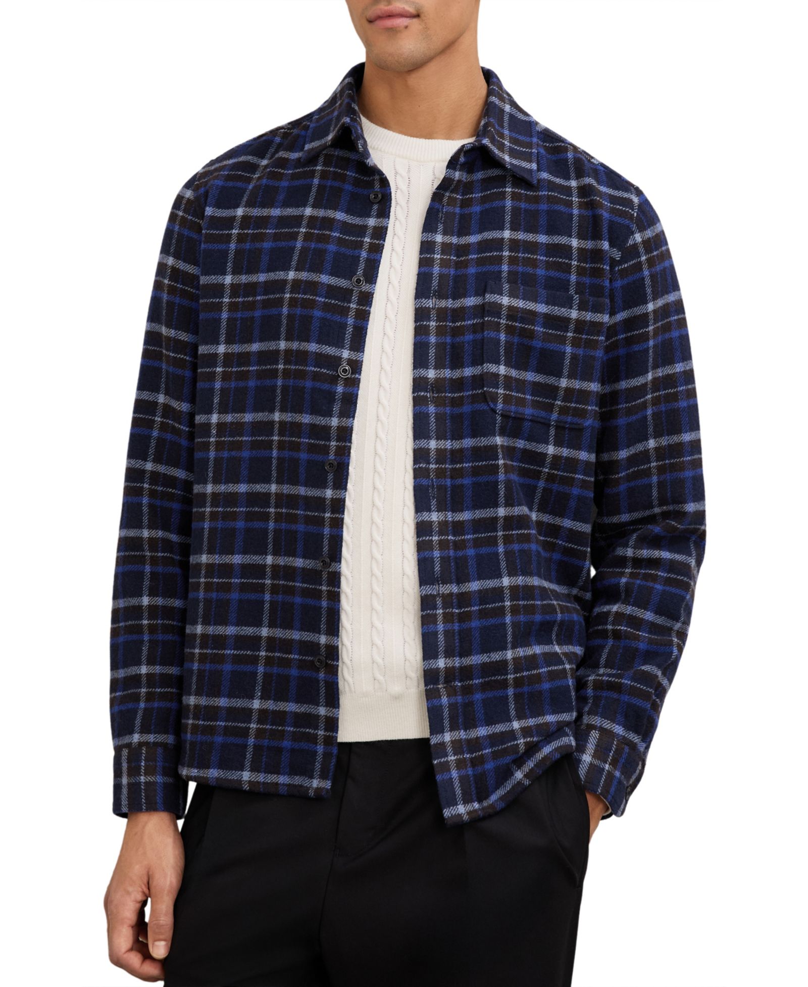REISS Men's Sam Check Button-Through Overshirt with Wool