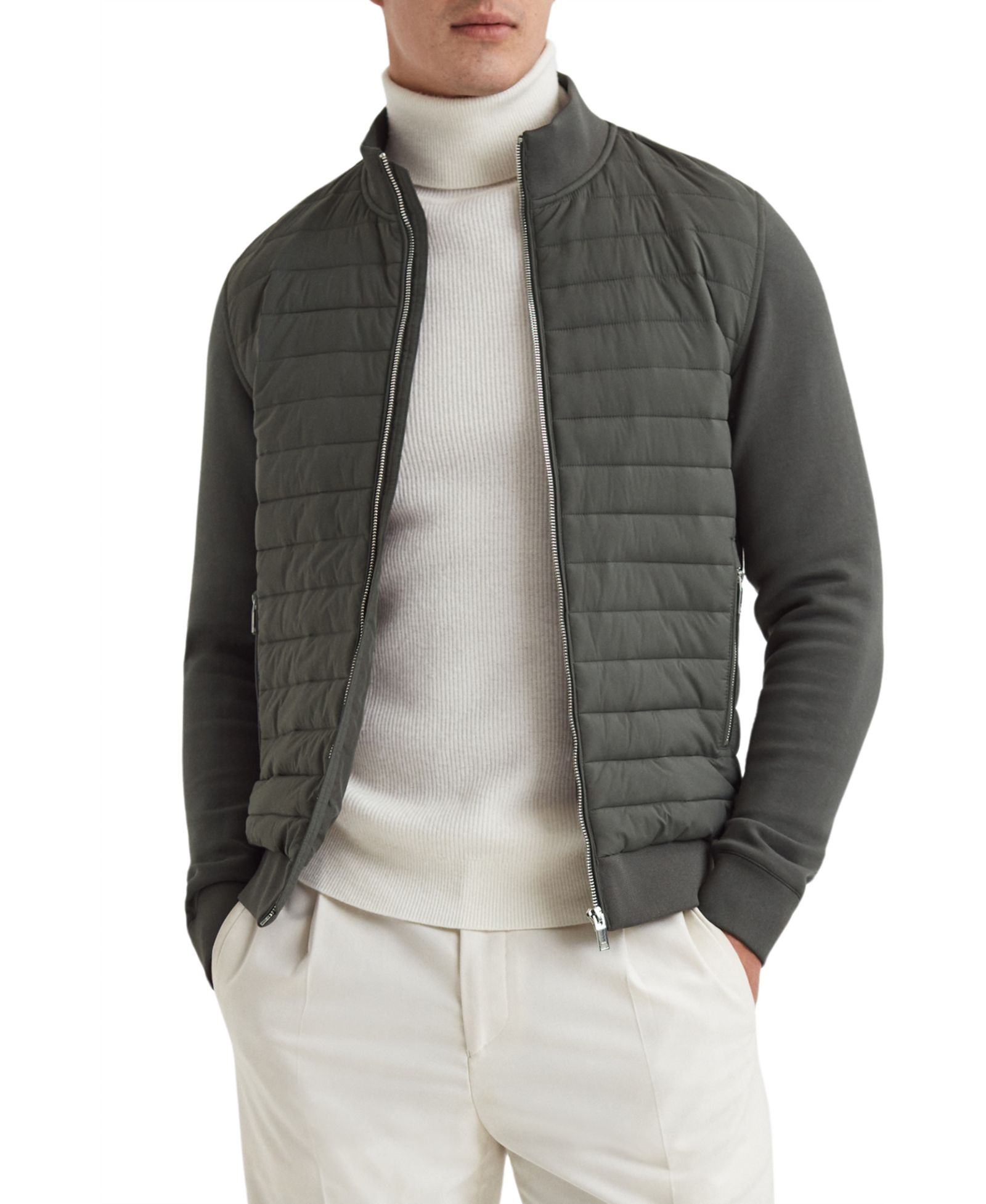 REISS Men's Freddie Hybrid Quilt and Interlock Zip Jacket