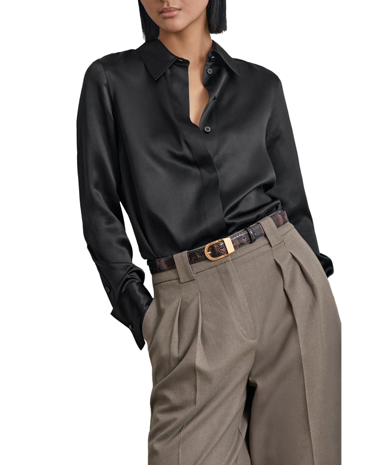 REISS Women's  Ameira Silk-Satin Concealed-Placket Shirt