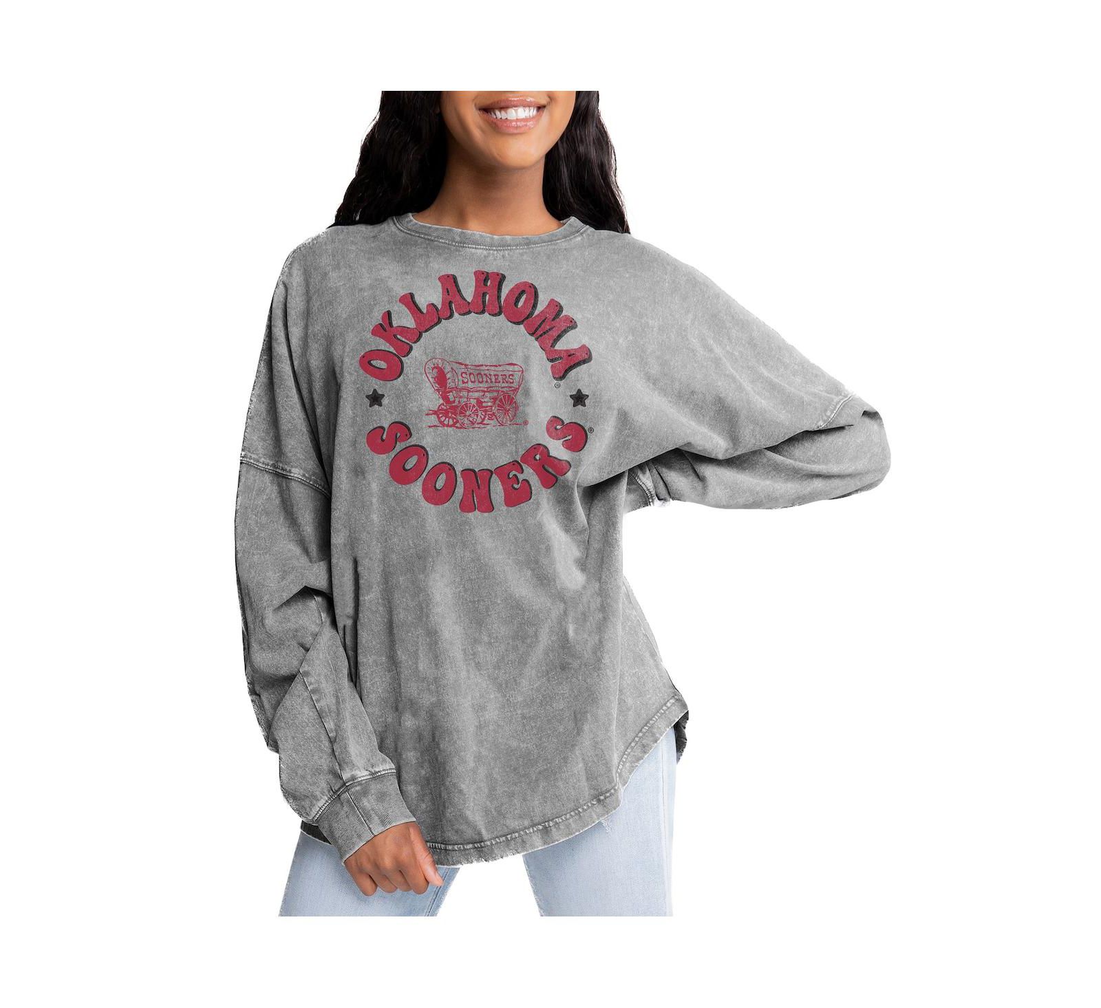 Gameday Couture Women's Gray Oklahoma Sooners Playing Around Faded Wash Oversized Long Sleeve T-Shirt