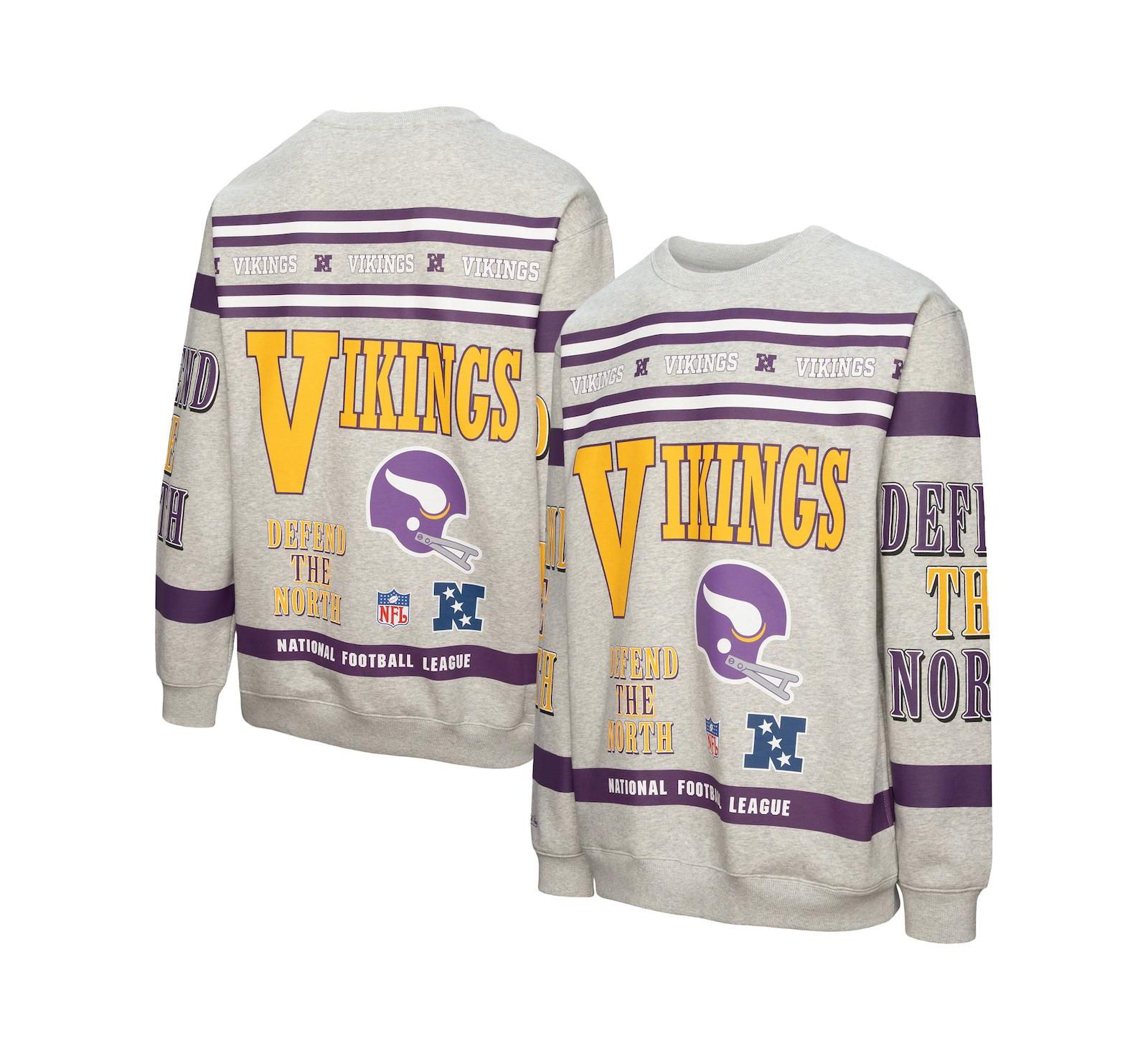 Мужской Mitchell & Ness Heather Gray Minnesota Vikings All Over Print Fleece Crewneck Sweatshirt