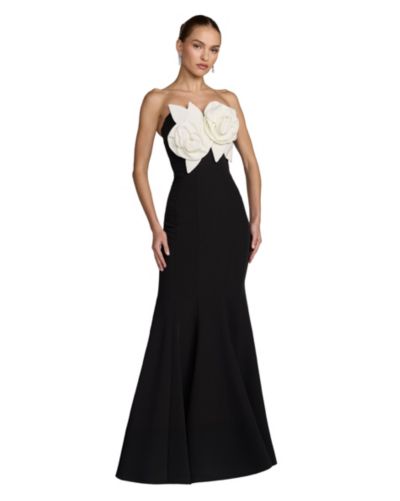Women's Crepe Strapless Mermaid Gown With 3D Flowers
