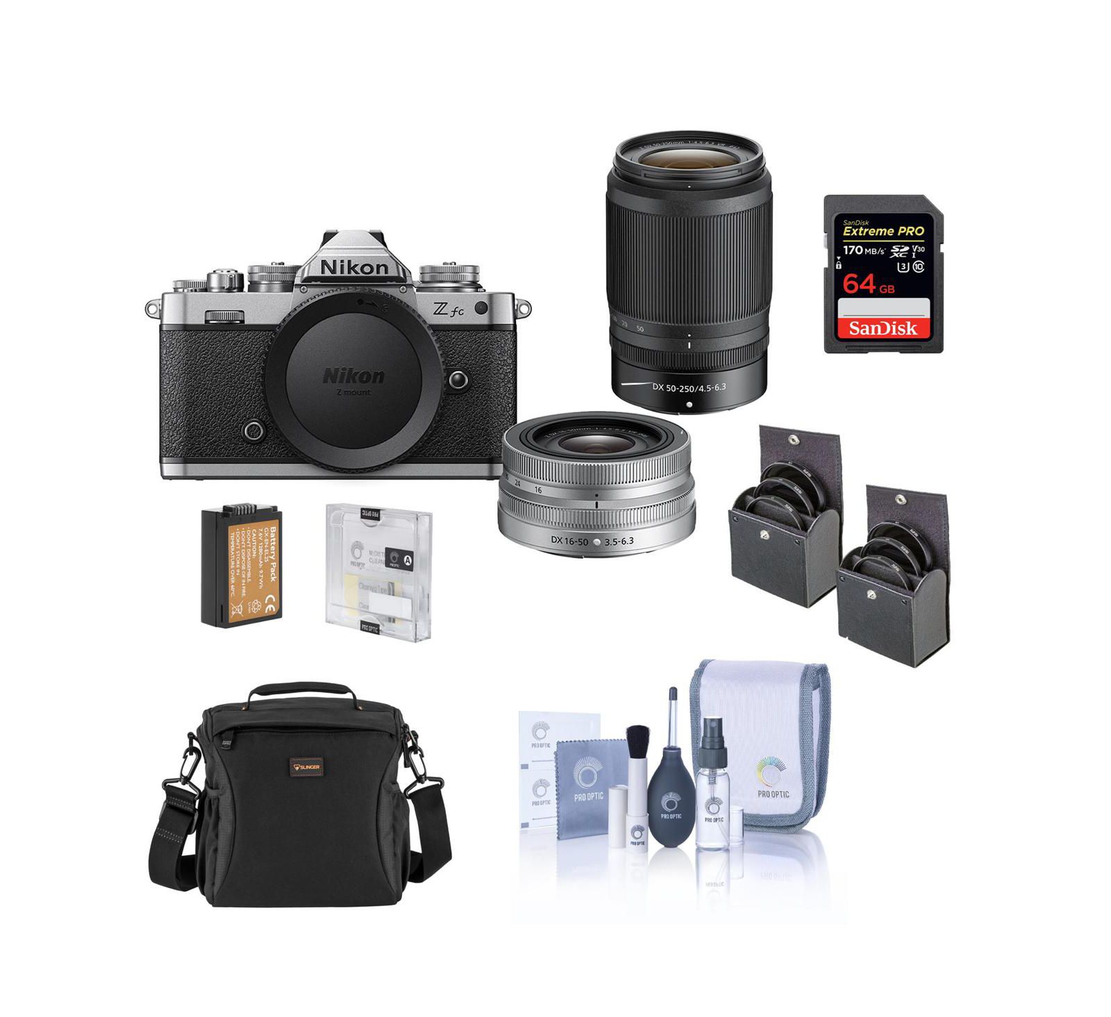Nikon Z fc DX-Format Mirrorless Camera с объективом NIKKOR Z DX 16-50mm, Silver и 50-250mm Lens, Black Bundle с 64GB SD Card, Shoulder Bag, Extra