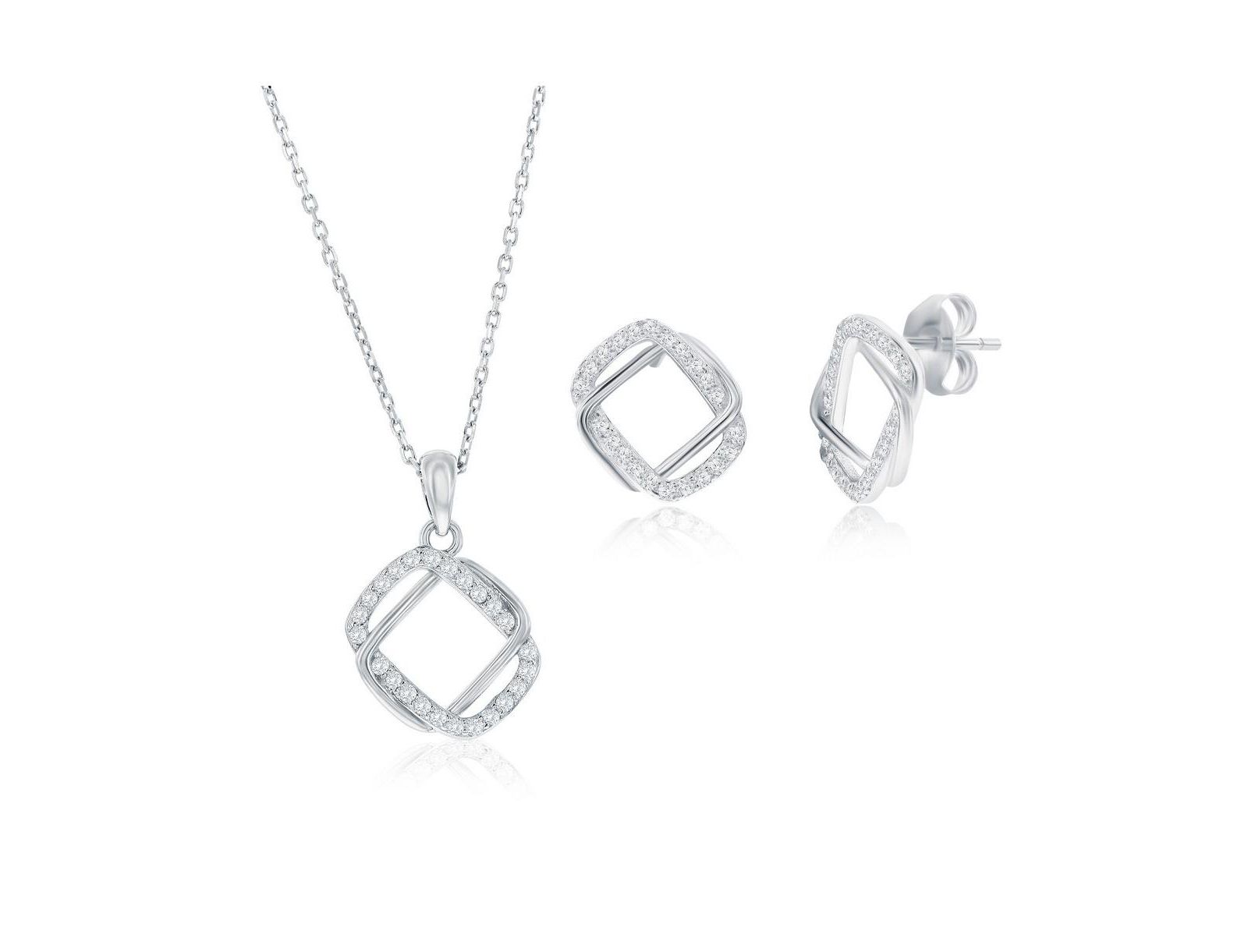 Sterling , Intertwined Rectangle CZ Necklace & Earrings Set