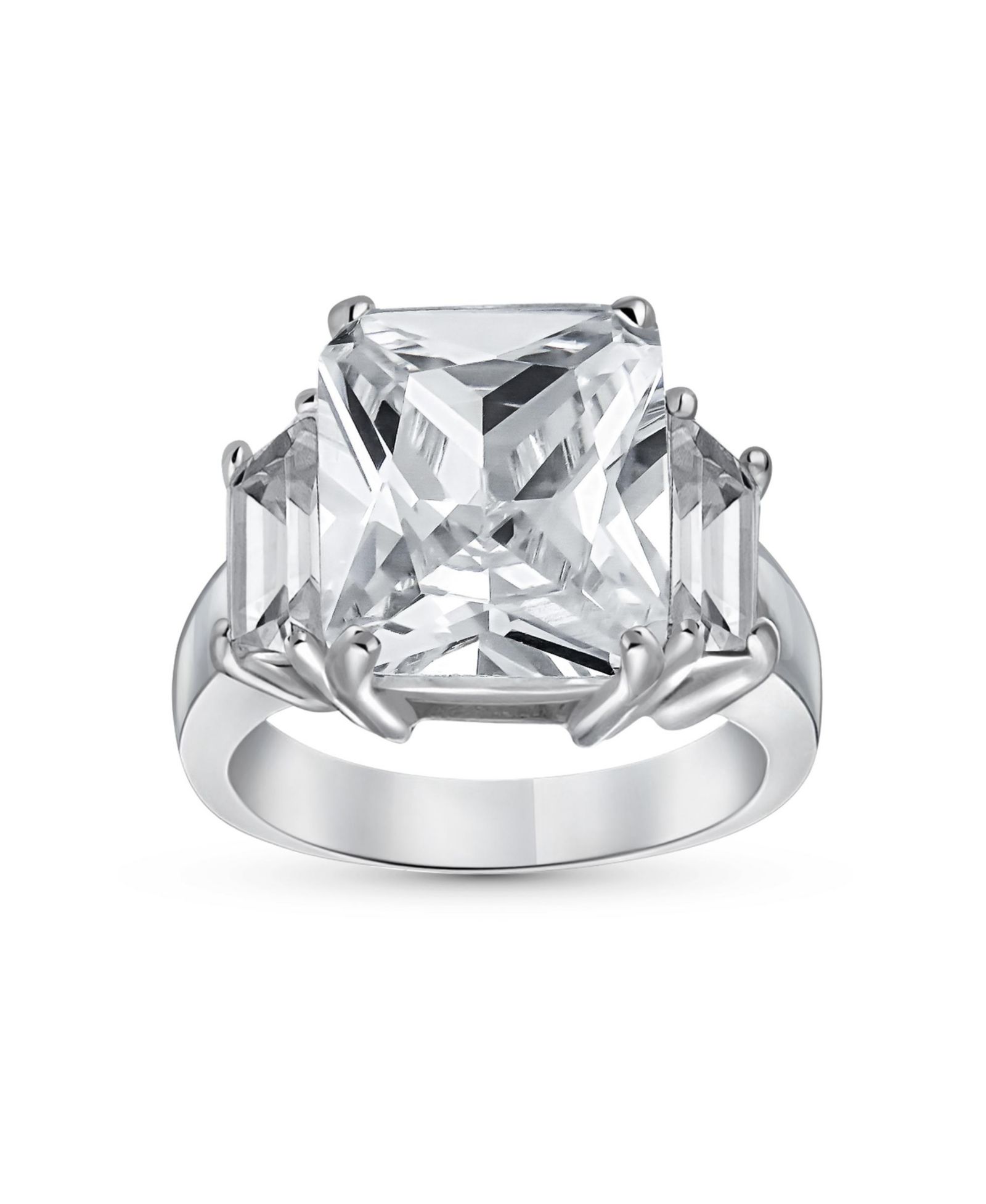 Bling Jewelry Art Deco Style 8CT CZ Emerald Cut Statement Engagement Ring Sterling Silver Cubic Zirconia Baguette Stones