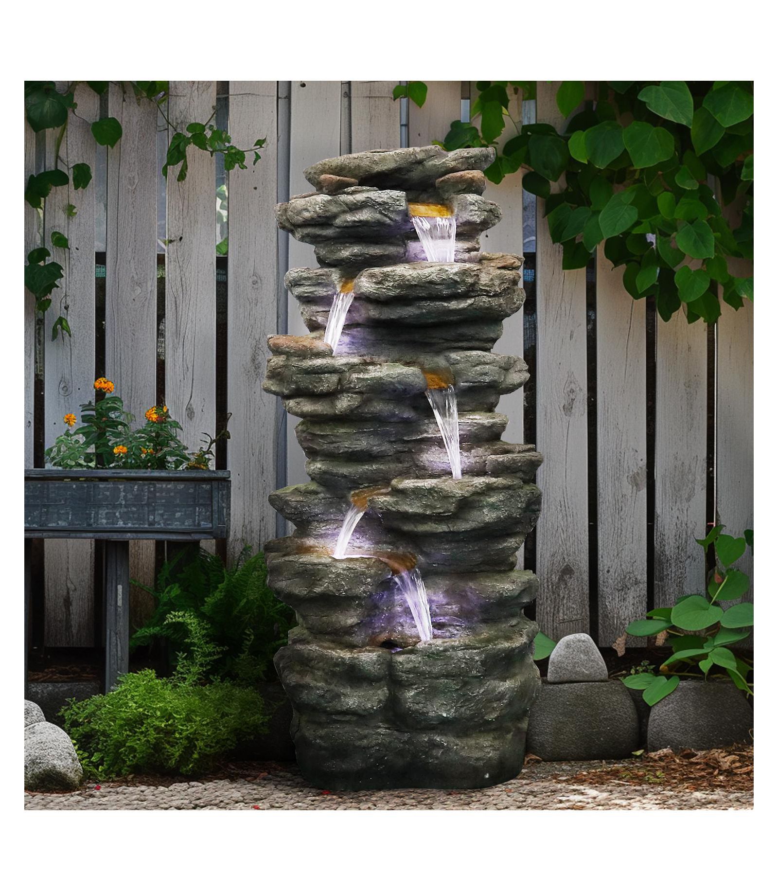 SunJet уличный водный фонтан с 6 ярусами и LED Lights, 40" в высоту, под натуральный камень