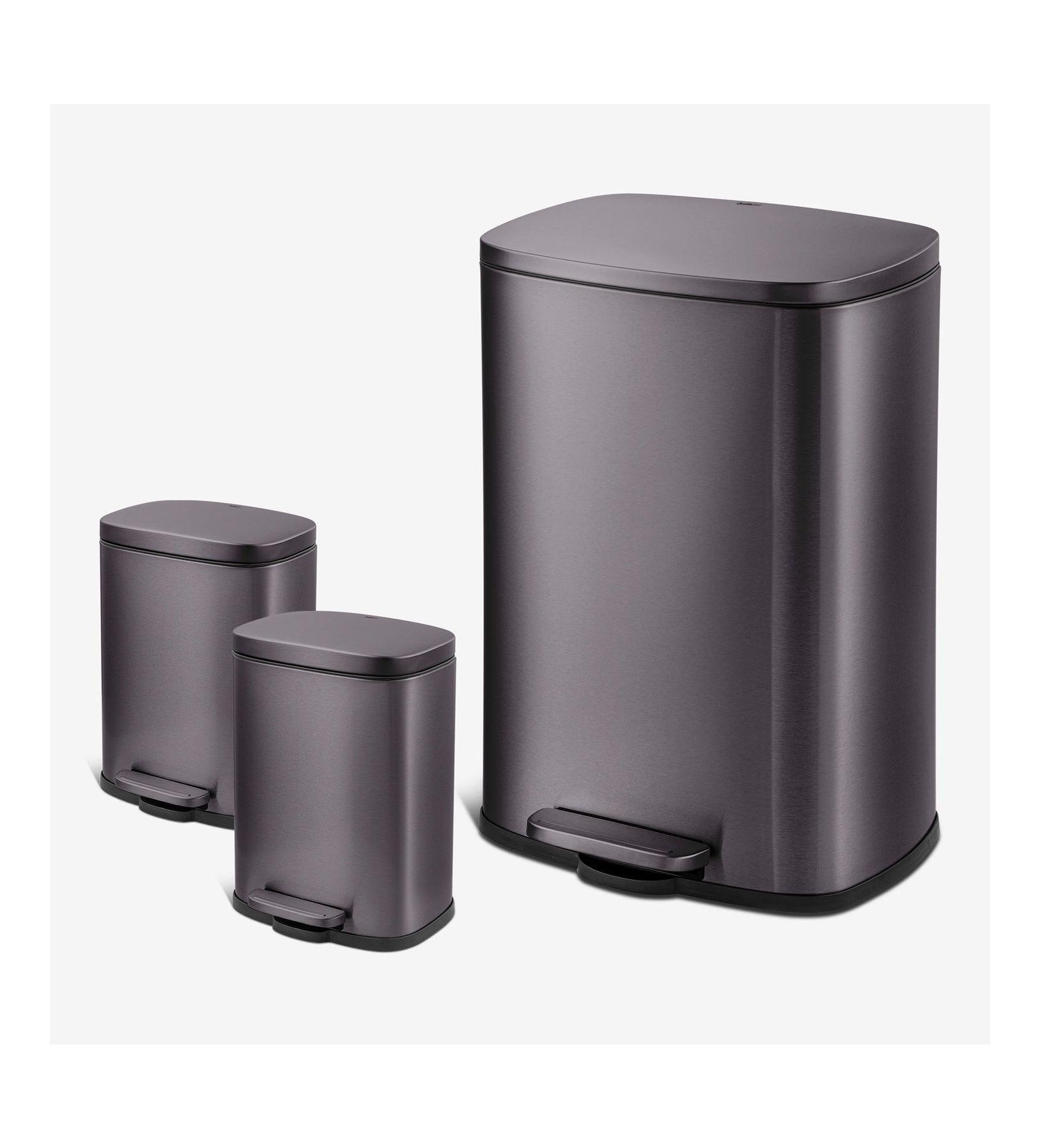 Qualiazero 50L + 5L + 5L Rectangular Step Can Combo, Stainless Steel Trash Cans with Lids