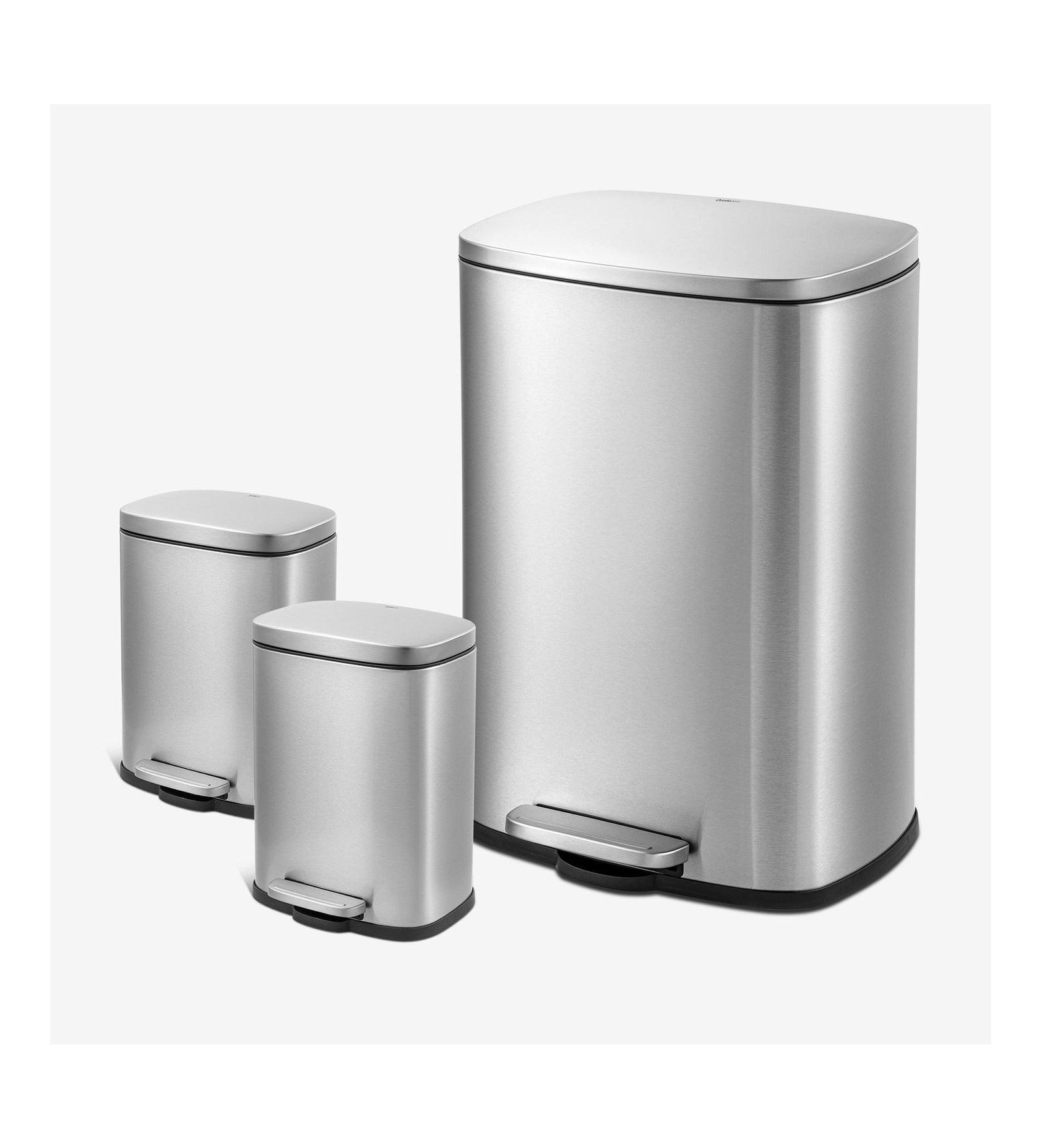 Комплект из 3 мусорных баков Qualiazero 50L + 5L + 5L, прямоугольные, из нержавеющей стали с крышками