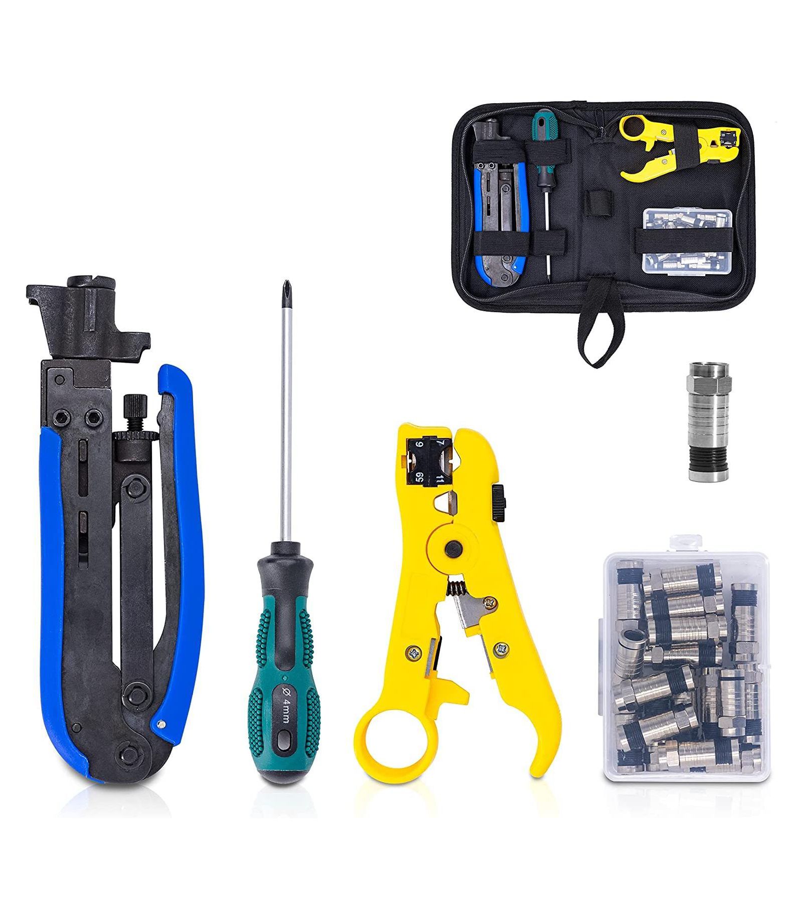 KOTTO Coax Cable Crimper Kit with Compression Tool Stripper and Connectors