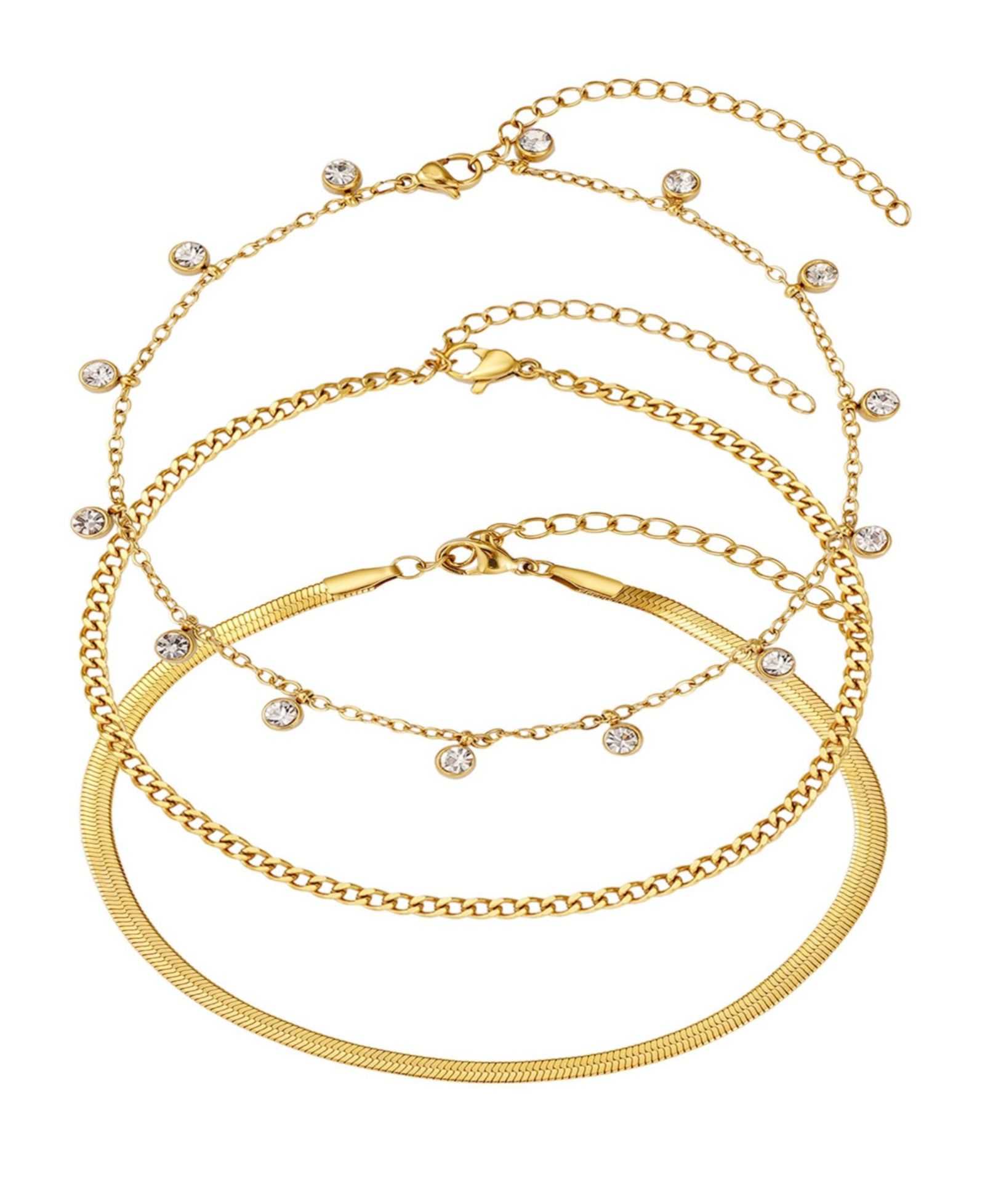 ADORNIA Tarnish Resistant Gold Three Chain Anklet Set