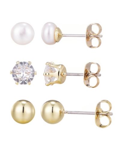 ADORNIA Набор серег-гвоздиков с жемчугом и шариками Gold Freshwater Pearl