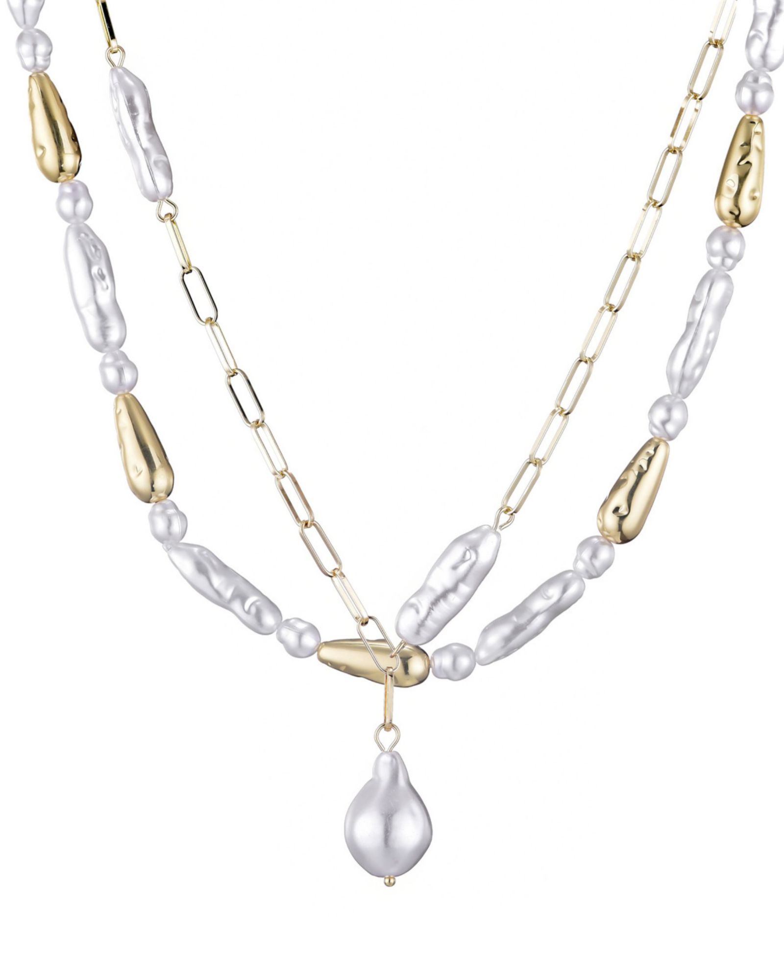 ADORNIA Gold Beaded Faux Cultivated Pearl Layered Lariat Necklace