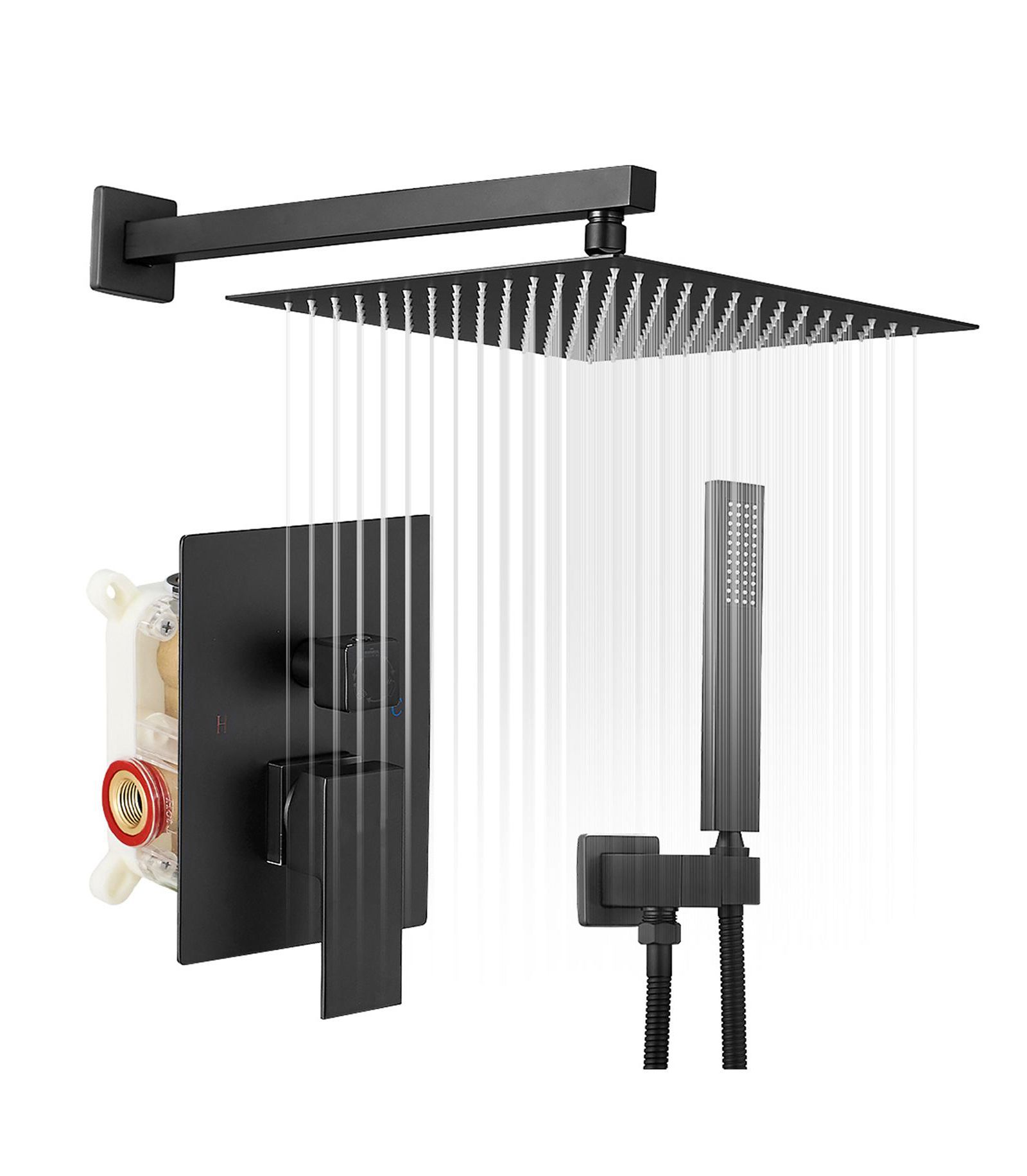 Greenspring Single Handle 2-Spray Square High Pressure Shower Faucet with 16" Shower Head in Matte Black (Valve Included)