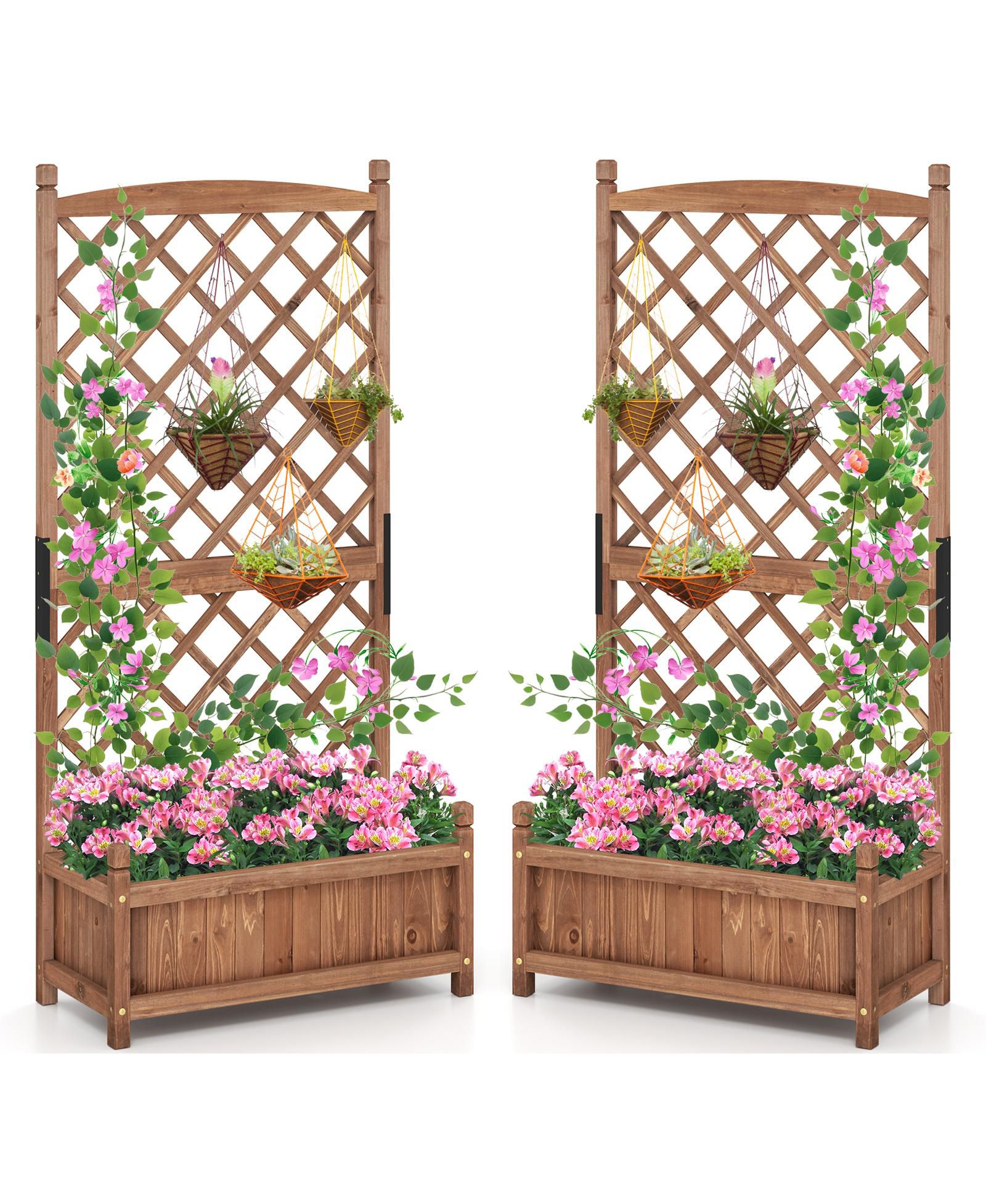 Gymax 2PCS 60'' Tall Raised Garden Bed w/ Diamond Lattice Trellis Drainage Holes Outdoor