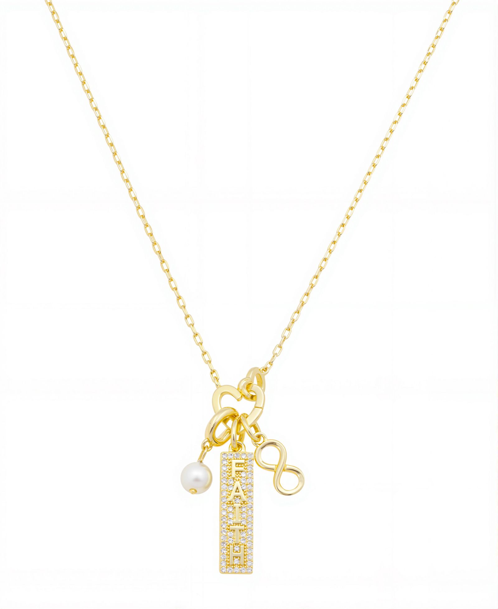Unwritten "FAITH" Cubic Zirconia Infinity Double Heart Carabiner Charm Holder Necklace