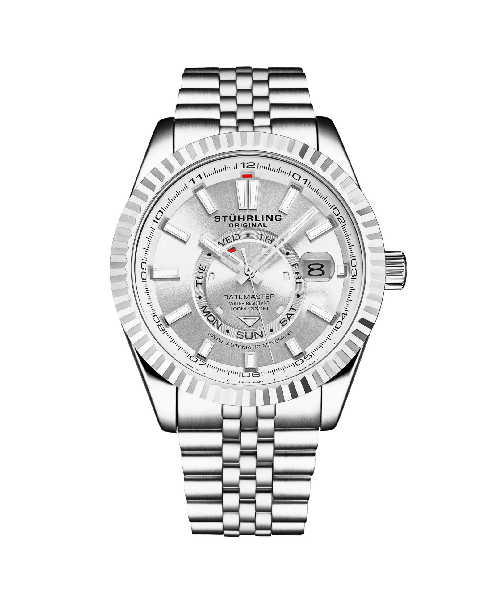 Stuhrling Datemaster II Men s Swiss Automatic 42mm Stainless Steel Watch, Silver Dial, Fluted Bezel, Day & Date, 100M Water Resistant