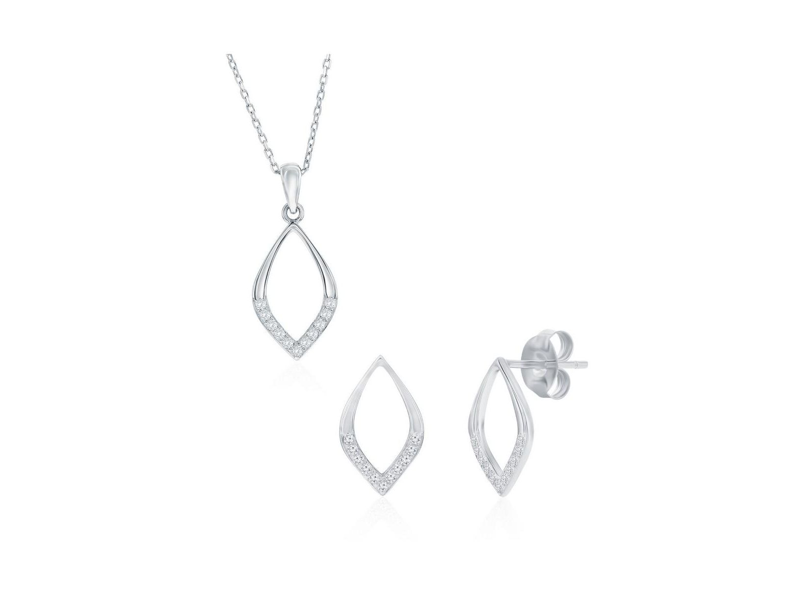 Sterling , Polished & CZ Marquise Necklace & Earrings Set