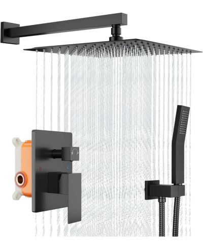 GAOMON 12" Rainfall Shower System with Handheld, Matte Black, Wall-Mounted, Pressure-Balanced Valve for Modern Bathrooms