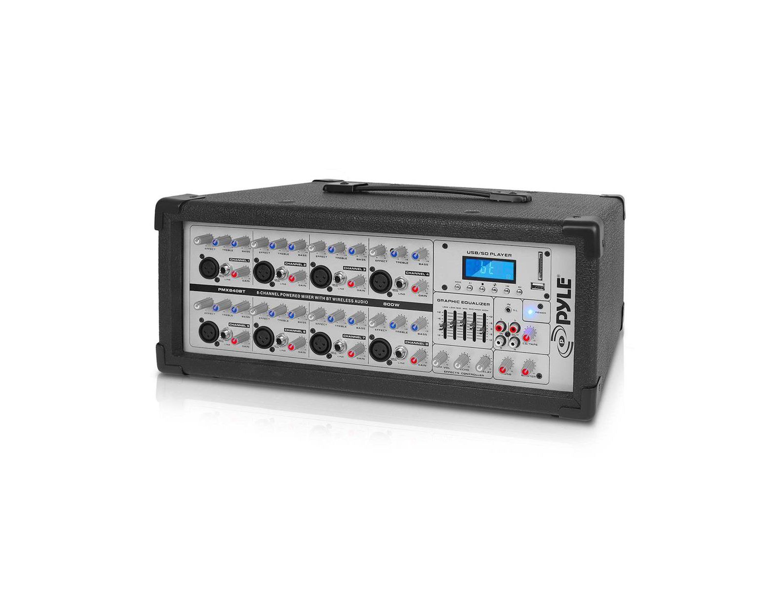 Pyle 8-канальный Bluetooth микшерный пульт, Pro Audio Sound Mixer, MP3/USB/SD, Aux(3.5mm), Digital LCD Display (800 Watt)