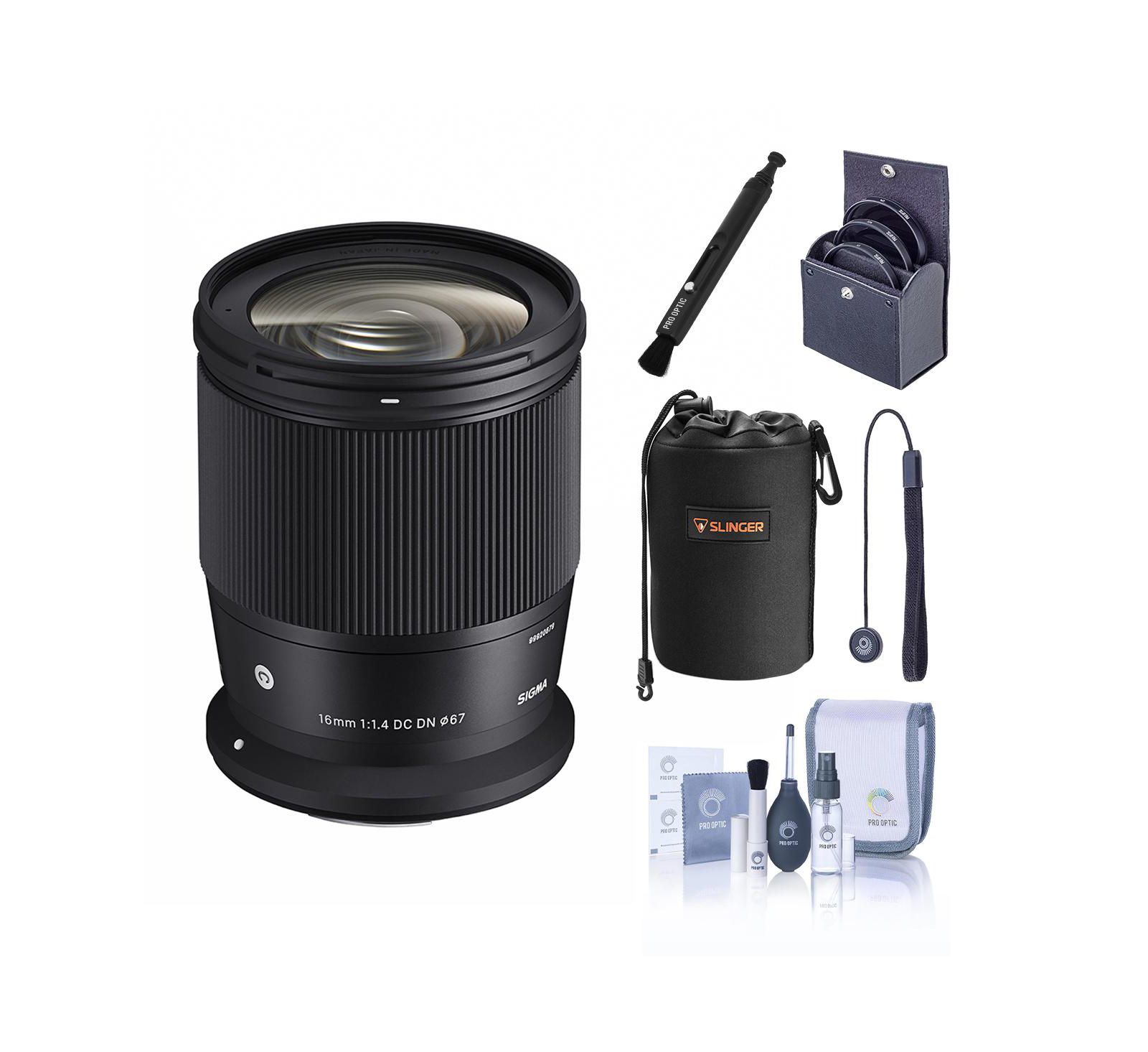 Sigma объектив 16mm f/1.4 DC DN Contemporary для Canon RF, комплект с фильтром 67 мм, неопреновым чехлом, средством для чистки объективов, держателем крышки и аксессуарами для чистки