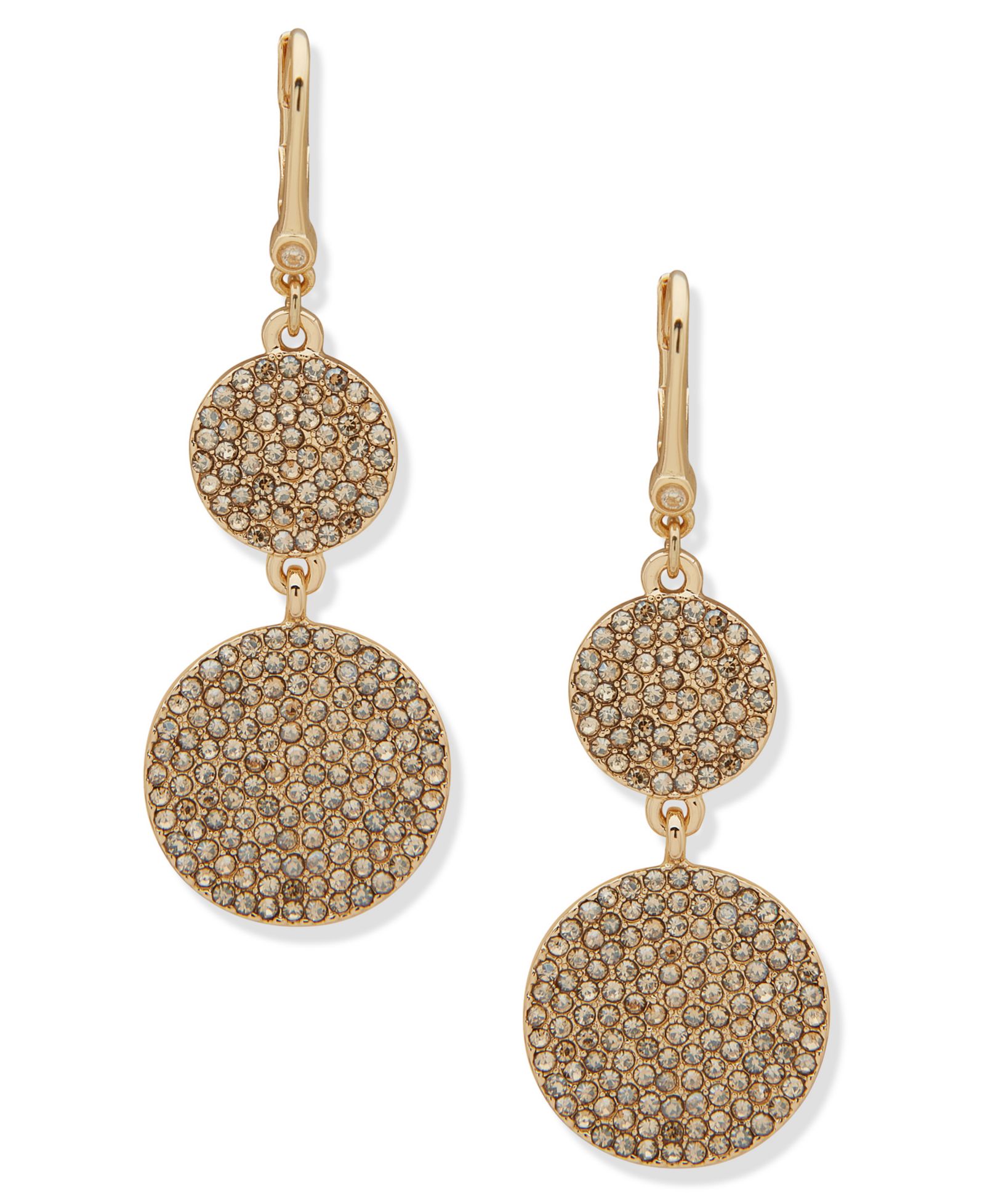 DKNY Glass Gold-Tone Dynamic Pave Disc Double Drop Earrings