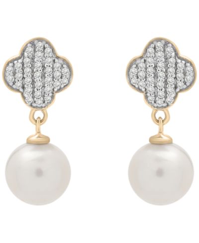 Macy's Cultured Freshwater Pearl (7mm) and Diamond (1/10 ct. t.w.) Clover Earrings in 14k Yellow Gold Over Sterling Silver