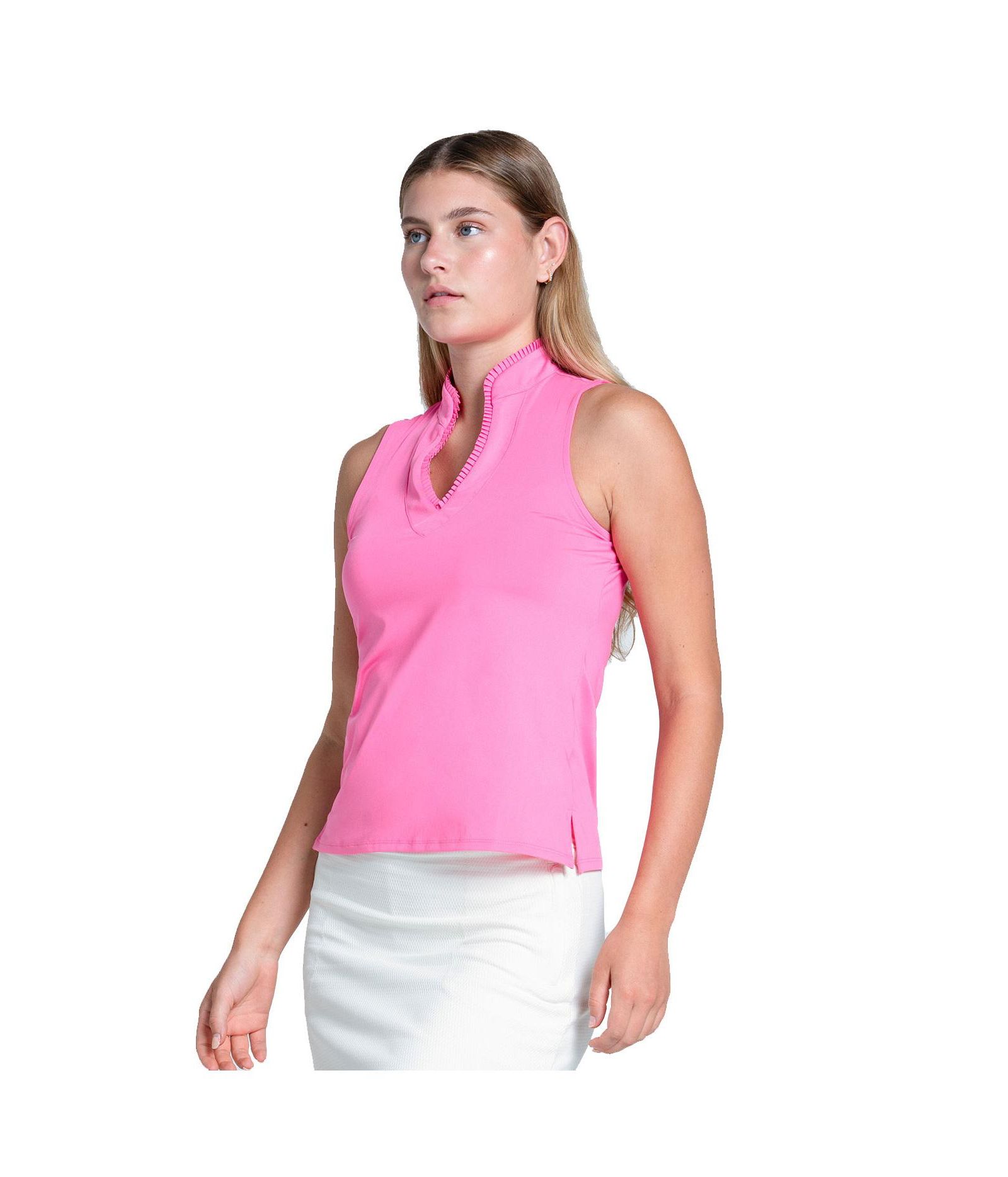 Lucky In Love Pleated Placket Sleeveless Womens Golf Polo
