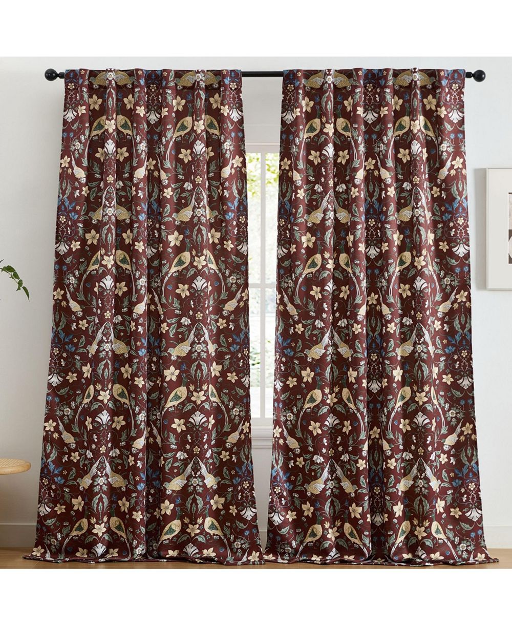 HLC.ME Florence Floral & Birds Patterned Window Back Tab Rod Pocket Curtains Bedroom - Light Blocking Darkening Window Panels, Set of 2