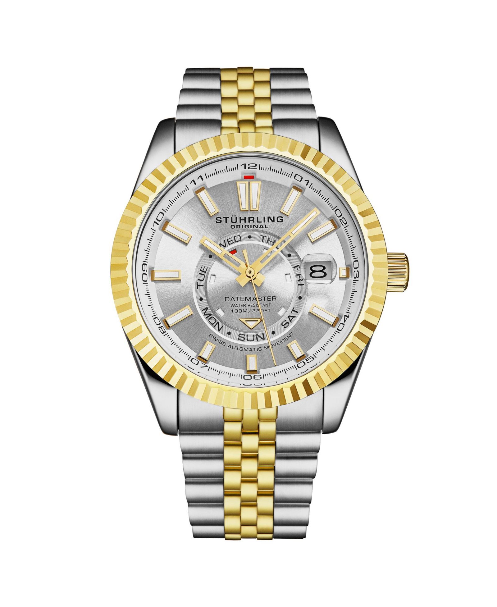 Stuhrling Datemaster II Men s Swiss Automatic 42mm Two-Tone Stainless Steel Watch, Silver Dial, Fluted Bezel, Day & Date, 100M Water Resistant