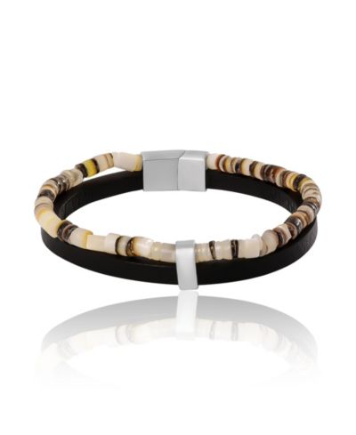 Lucky Brand Mens Layered Bracelet with Wood Beads and Strap