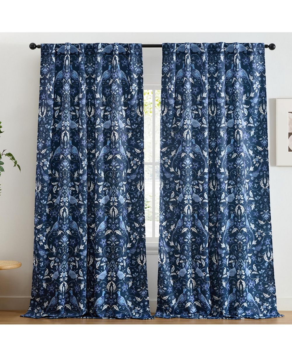 HLC.ME Florence Floral & Birds Patterned Window Back Tab Rod Pocket Curtains Bedroom - Light Blocking Darkening Window Panels, Set of 2