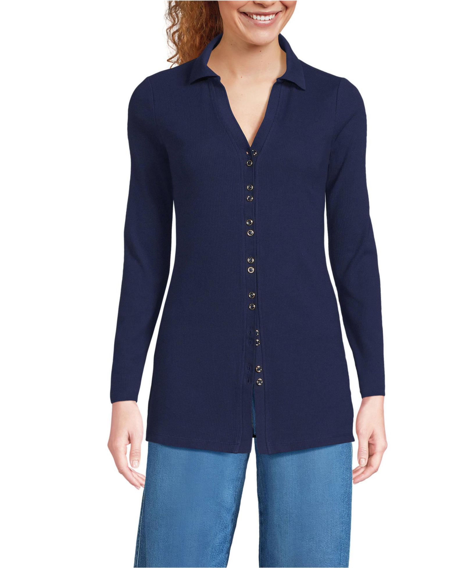 Женская туника Lands' End Long Sleeve Polished Rib Button Through