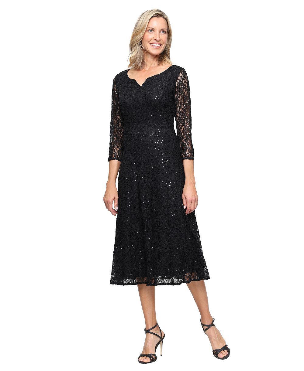 SL Fashions Women's Sweetheart Neck Tea Length Sequin Lace Dress