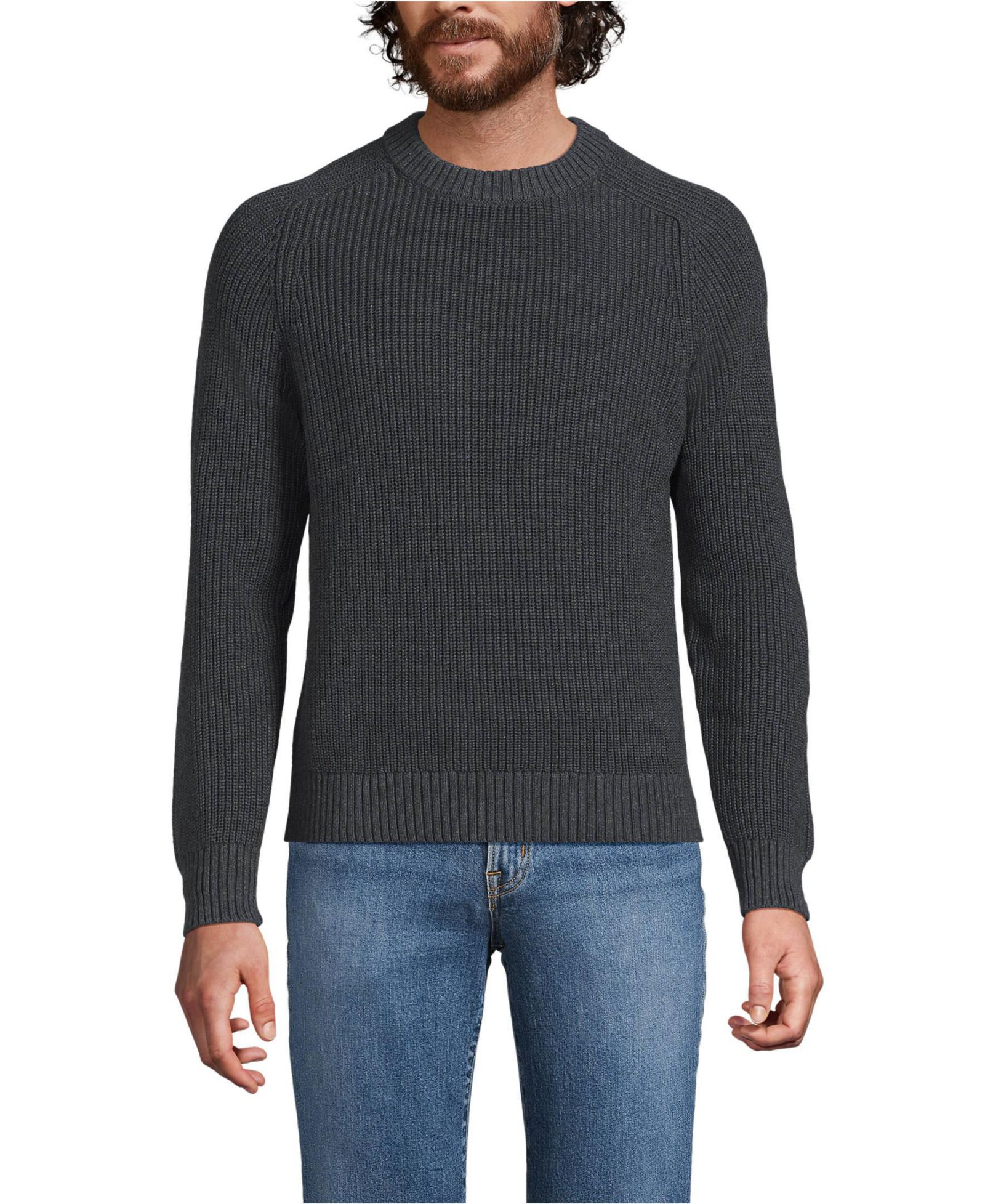 Lands' End Мужской Cotton Drifter Saddle Crewneck Shaker Sweater